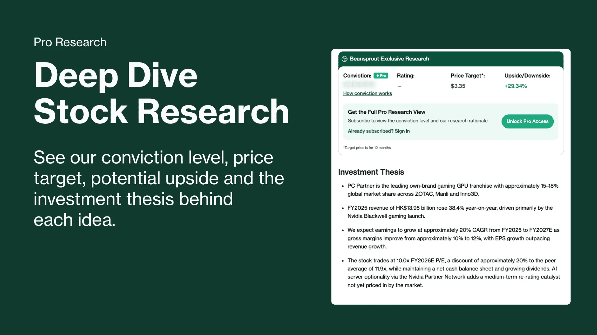 Deep Dive Stock Research - see our conviction level, price target, potential upside and the investment thesis behind each idea