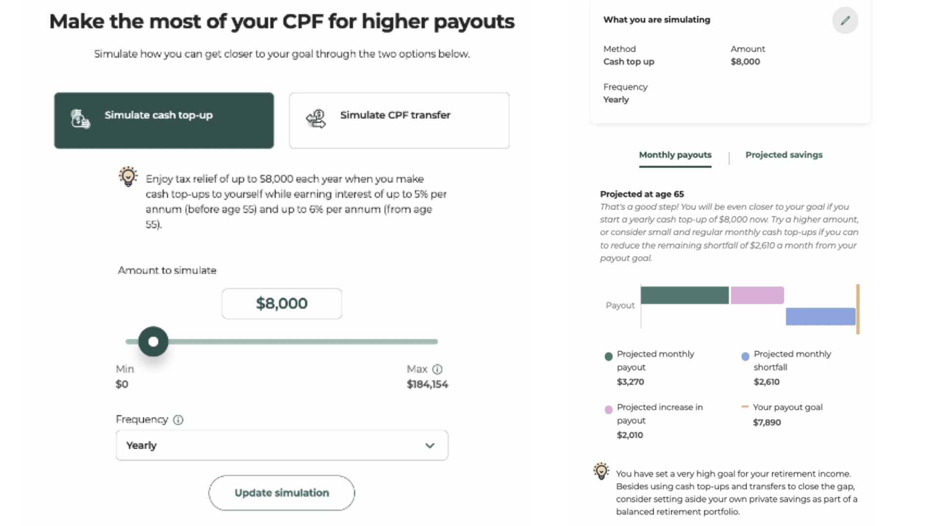 CPF retirement simulate cash top up