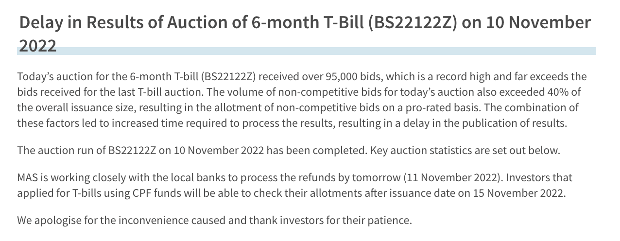 Delay in Results of Auction of 6-month T-Bill (BS22122Z) on 10 November 2022